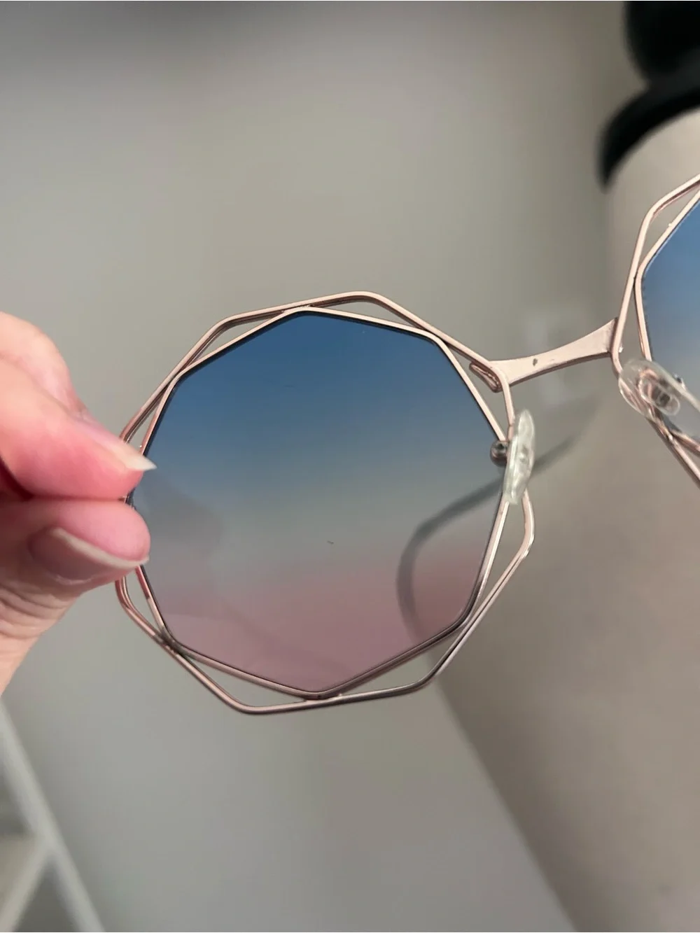 Rose Gold Geometric Oversized Sunglasses Pink Blue Gradient Lens